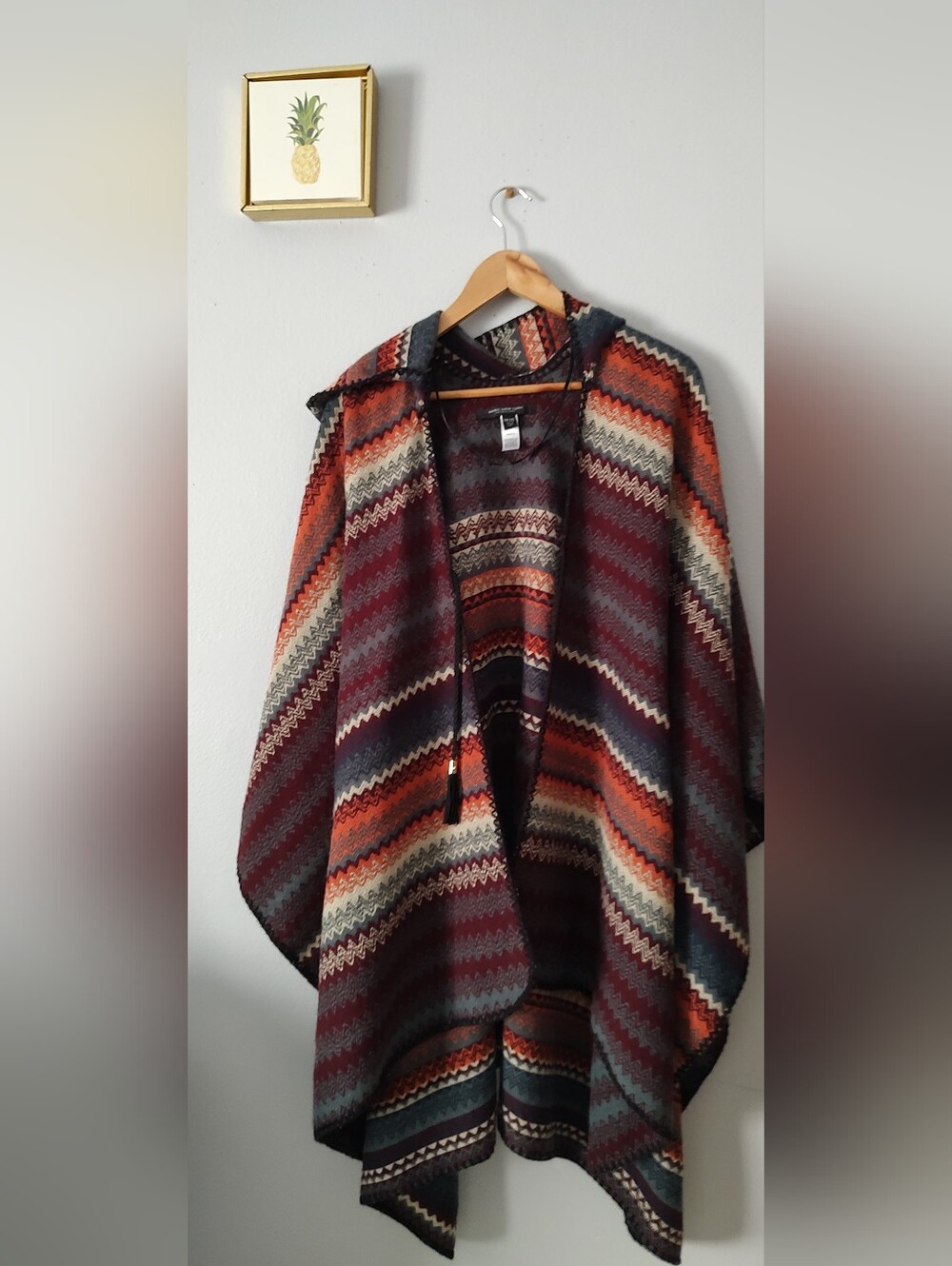 Hooded Chevron Knit Poncho in Burgundy & Rust - Picture 10 of 11